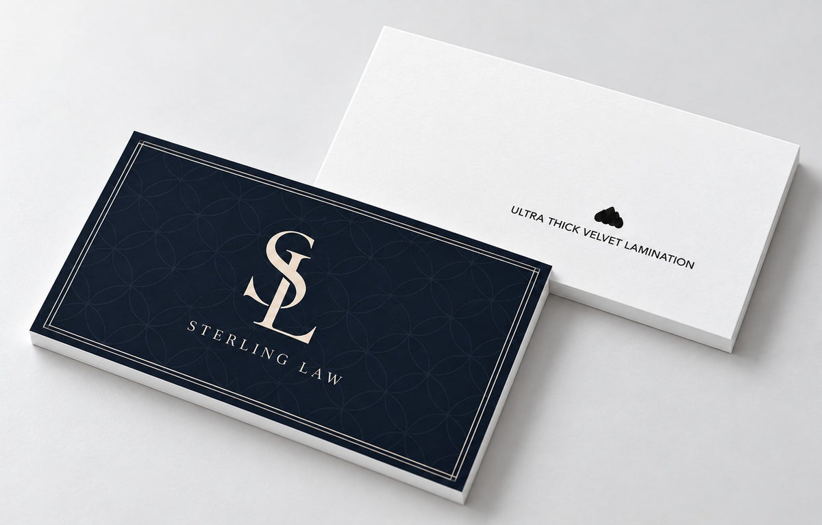 Close-up of Ultra Thick Velvet Lamination business card front and back