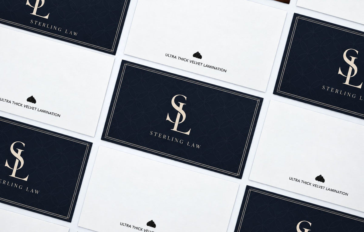 Ultra Thick Velvet Lamination business cards laid out front and back