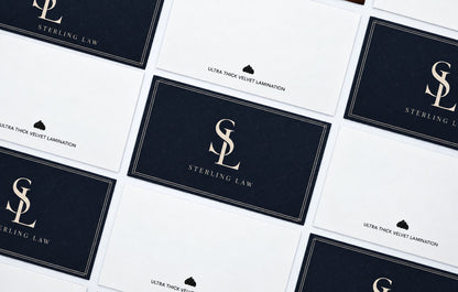 Ultra Thick Velvet Lamination business cards laid out front and back