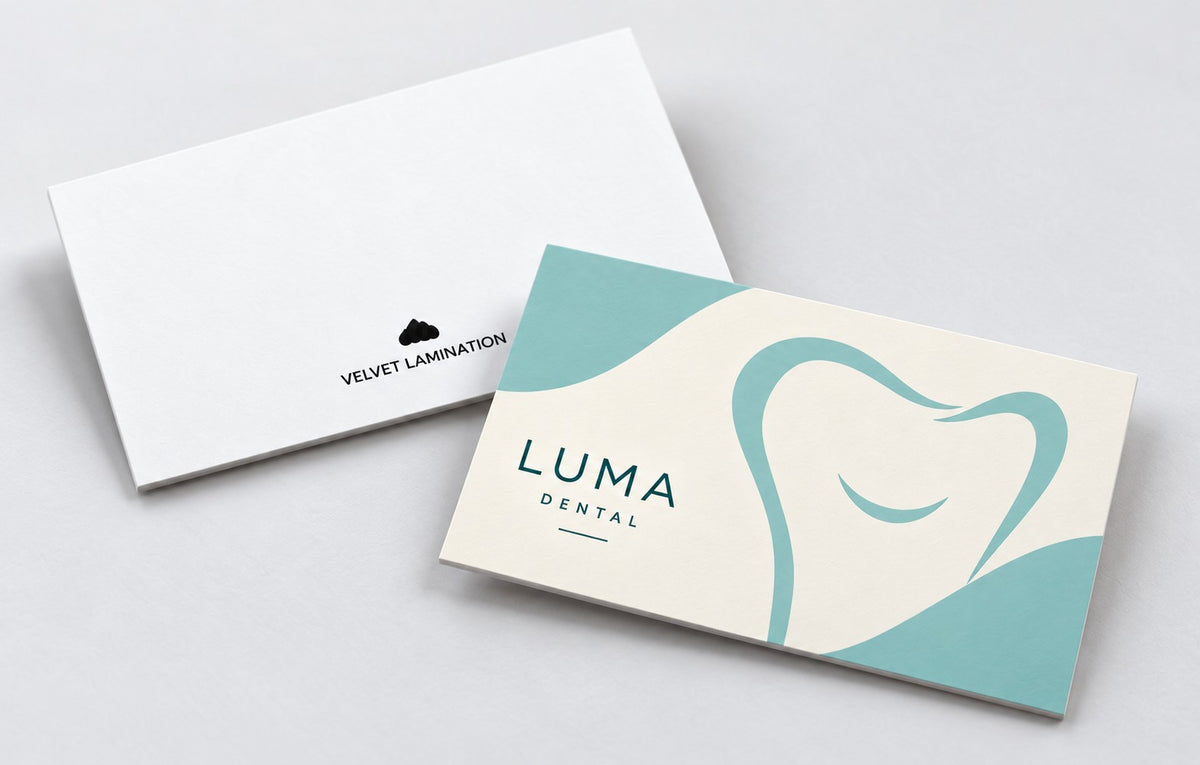 Close-up of Velvet Lamination business card front and back