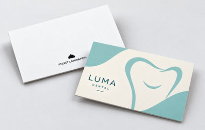 Close-up of Velvet Lamination business card front and back