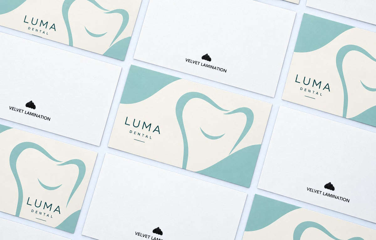 Velvet Lamination business cards laid out front and back